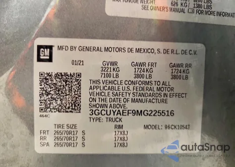 2021 Chevrolet Silverado K1500 z USA, uszkodzony, nr VIN 3GCUYAEF9MG225516